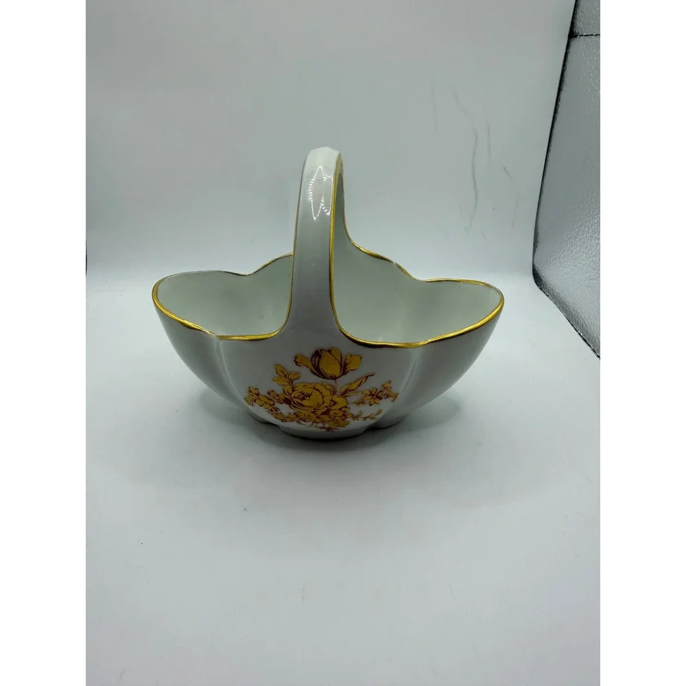 Vintage Limoges France Porcelain‎ Basket Yellow Rose Gold Gilt Trim Scalloped